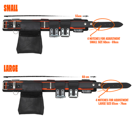 Two sizes of a black belt with orange accents, labeled 'Small' and 'Large', on a white background.