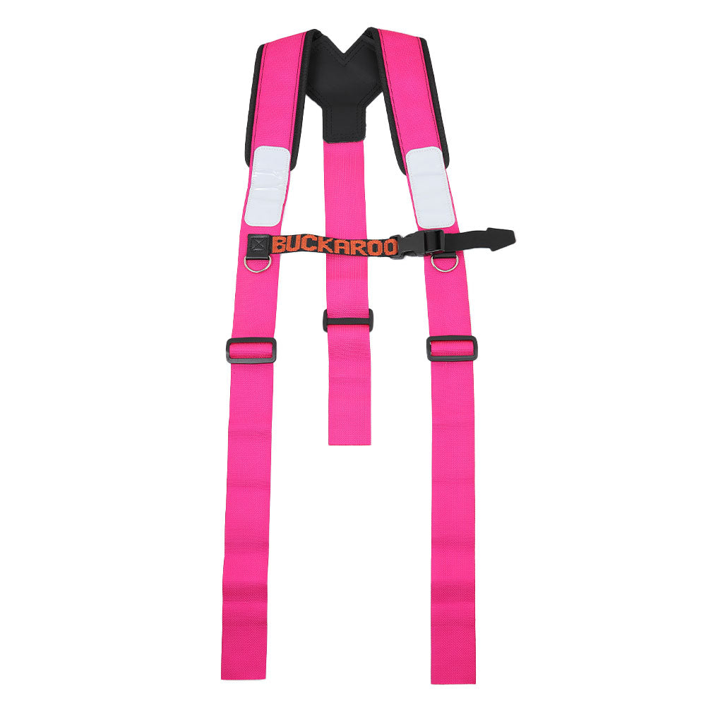 #colour_pink Pink safety harness with black and white accents on a white background