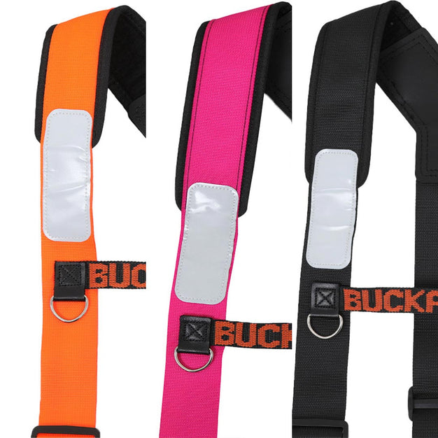 Three colorful straps with reflective panels and 'Buck' branding on a white background.