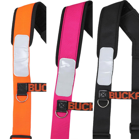Three colorful straps with reflective panels and 'Buck' branding on a white background.